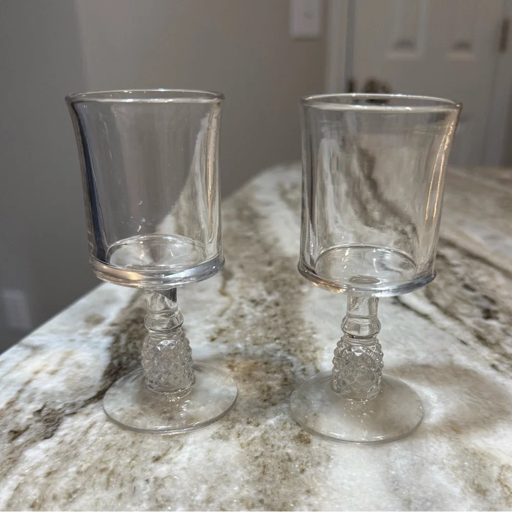 Vintage Pressed Glass Cordial Goblets Pair, 4.25” Diamond Cut Stems liqueurs
